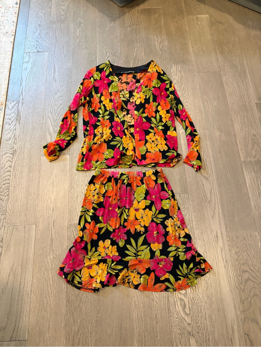 Ronni Nicole Vibrant Floral Skirt and Jacket Set w/ Pink, Orange & Yellow Bloom